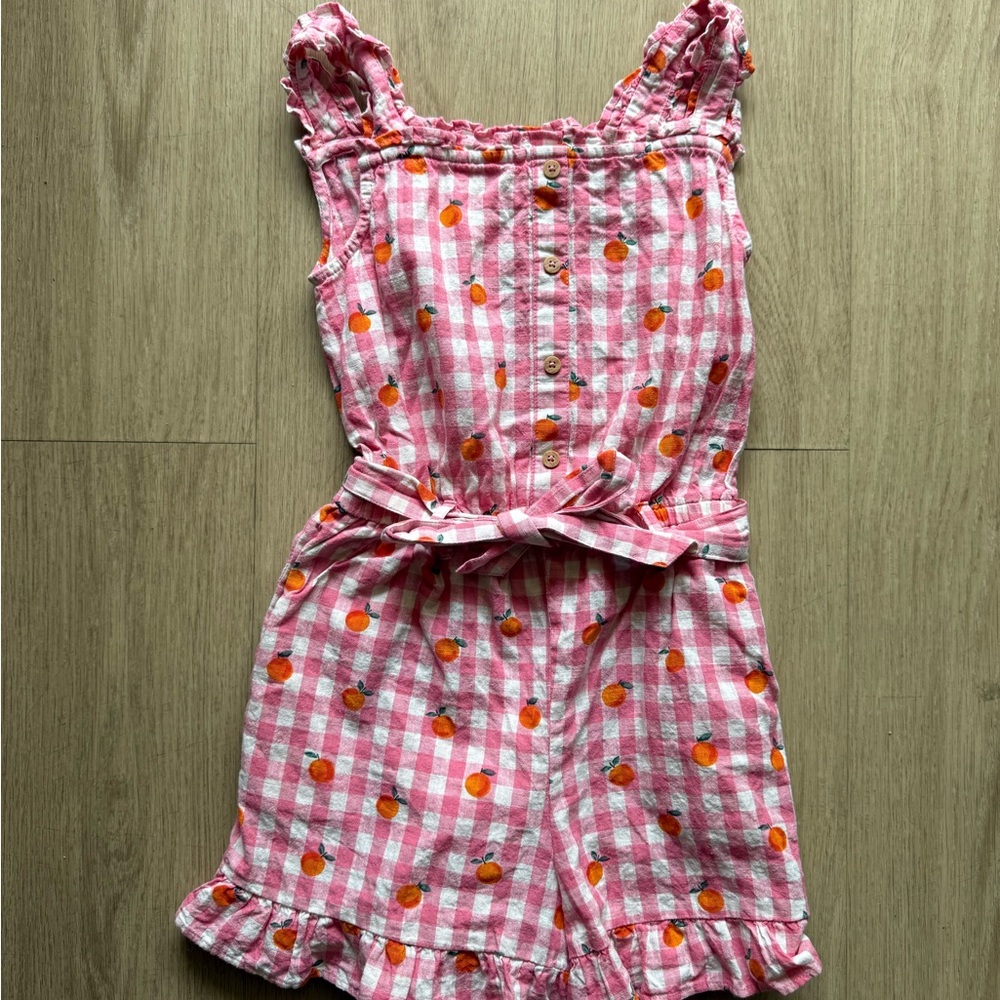 NWT Mini Boden Linen Cotton Ruffle Romper Pink Print
